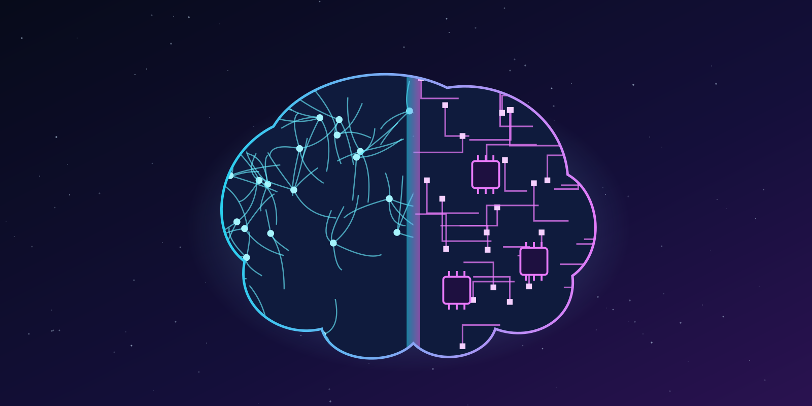 A brain split down the middle, organic neurons on the left and a circuit board on the right