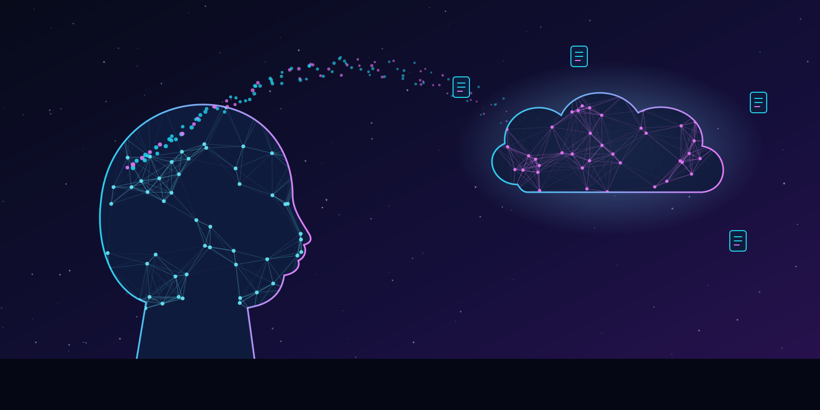 A human head filled with a glowing neural network, with a stream of light flowing up into a cloud