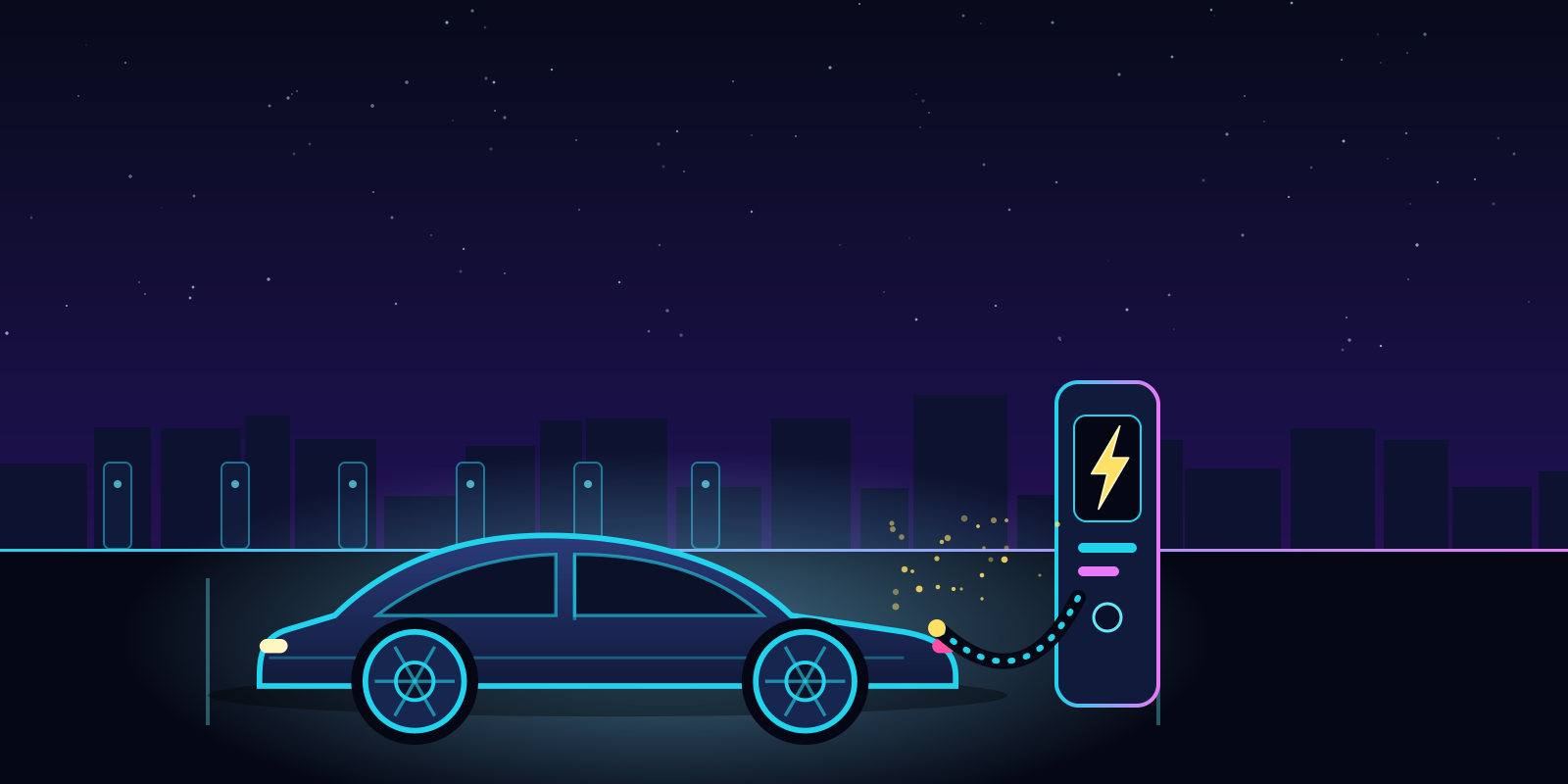 An electric car plugged into a glowing fast charger at night, with more chargers lined up in the background
