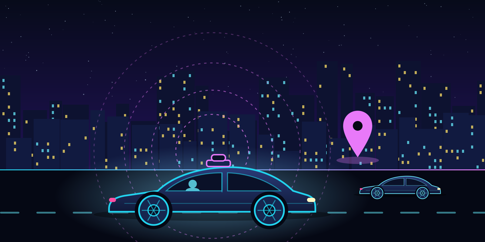 A driverless taxi with a roof-mounted sensor and a passenger in the back seat, surrounded by sensing rings in a night-time city, with a pickup pin nearby