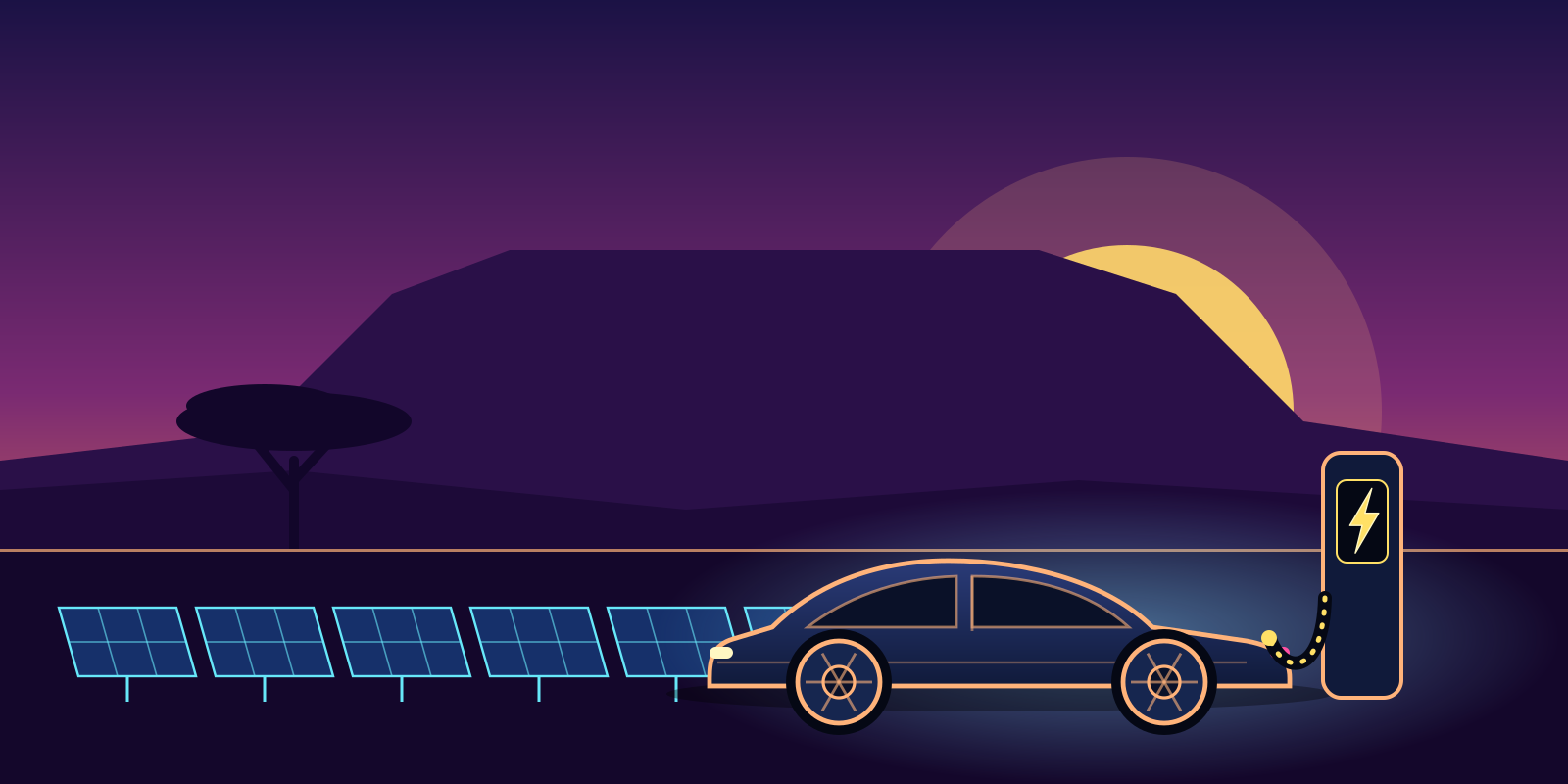 An electric car charging from a solar-powered charger at sunset, with rows of solar panels, an acacia tree and a flat-topped mountain behind